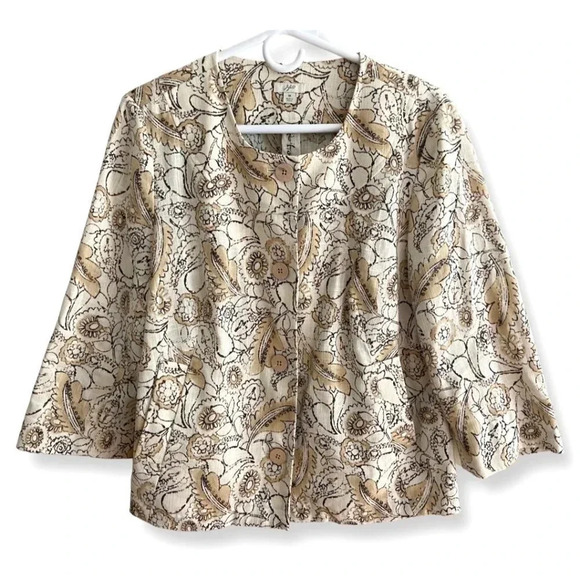 J. Jill Beige Floral + Paisley Print Linen Blend Collarless Blazer Jacket Medium - Picture 1 of 12